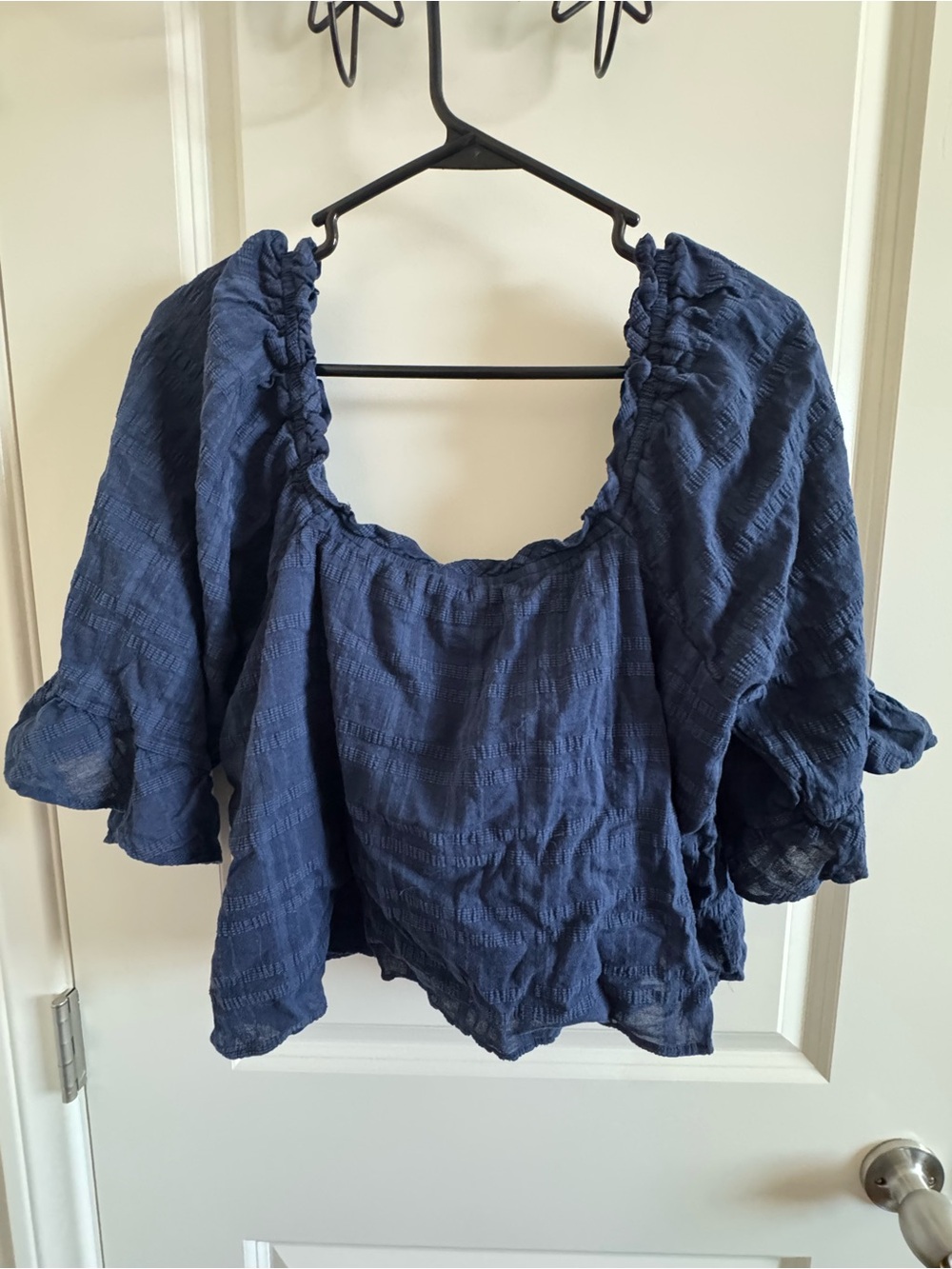 Navy Ruffle Peasant Blouse - Picture 2 of 3